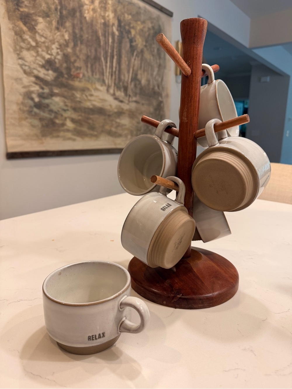Hearth & Hand Cream Stoneware Mug Set with Wooden Tree